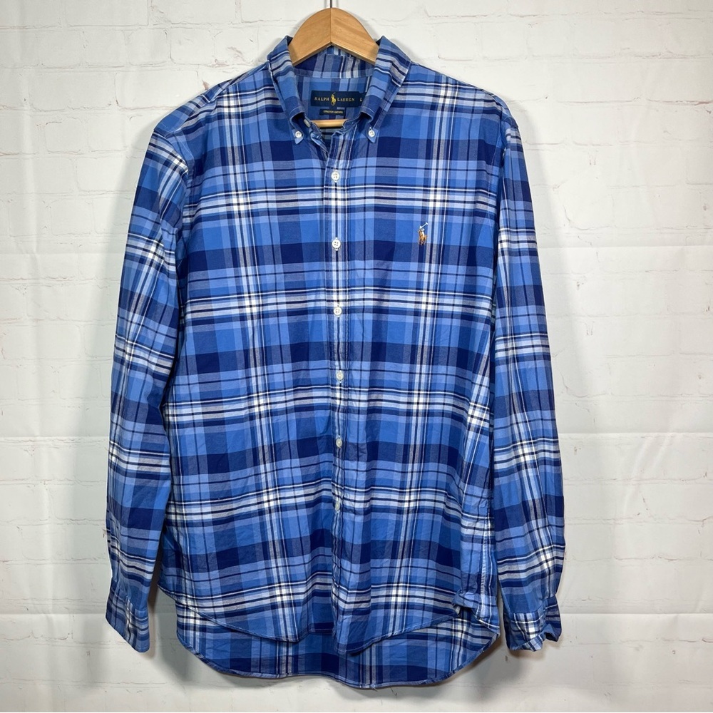 Ralph Lauren Stretch Oxford Plaid Shirt Mens Size Large Blue Button Up